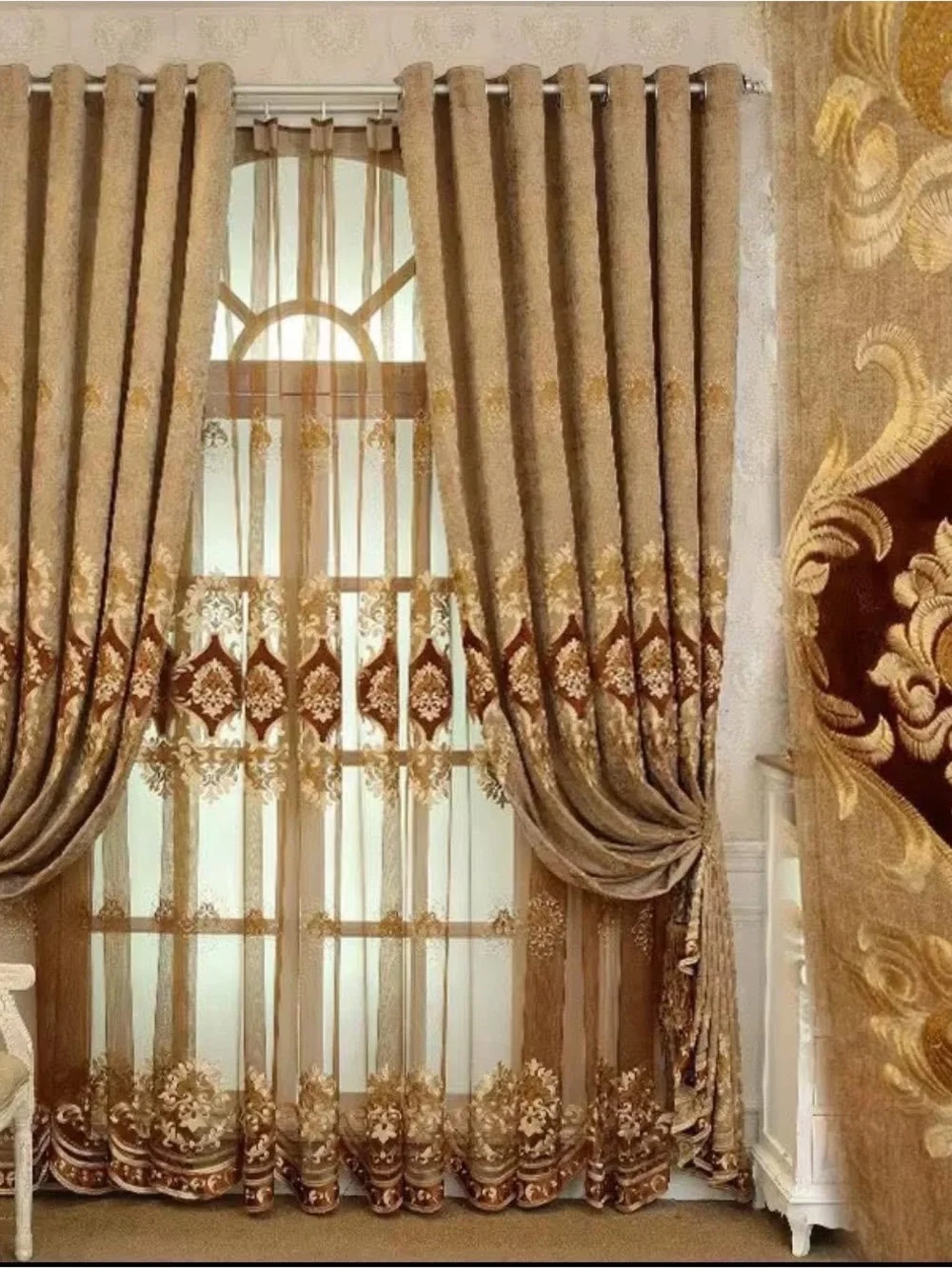 Luxury Gold Embroidered 3-Piece Curtain Set